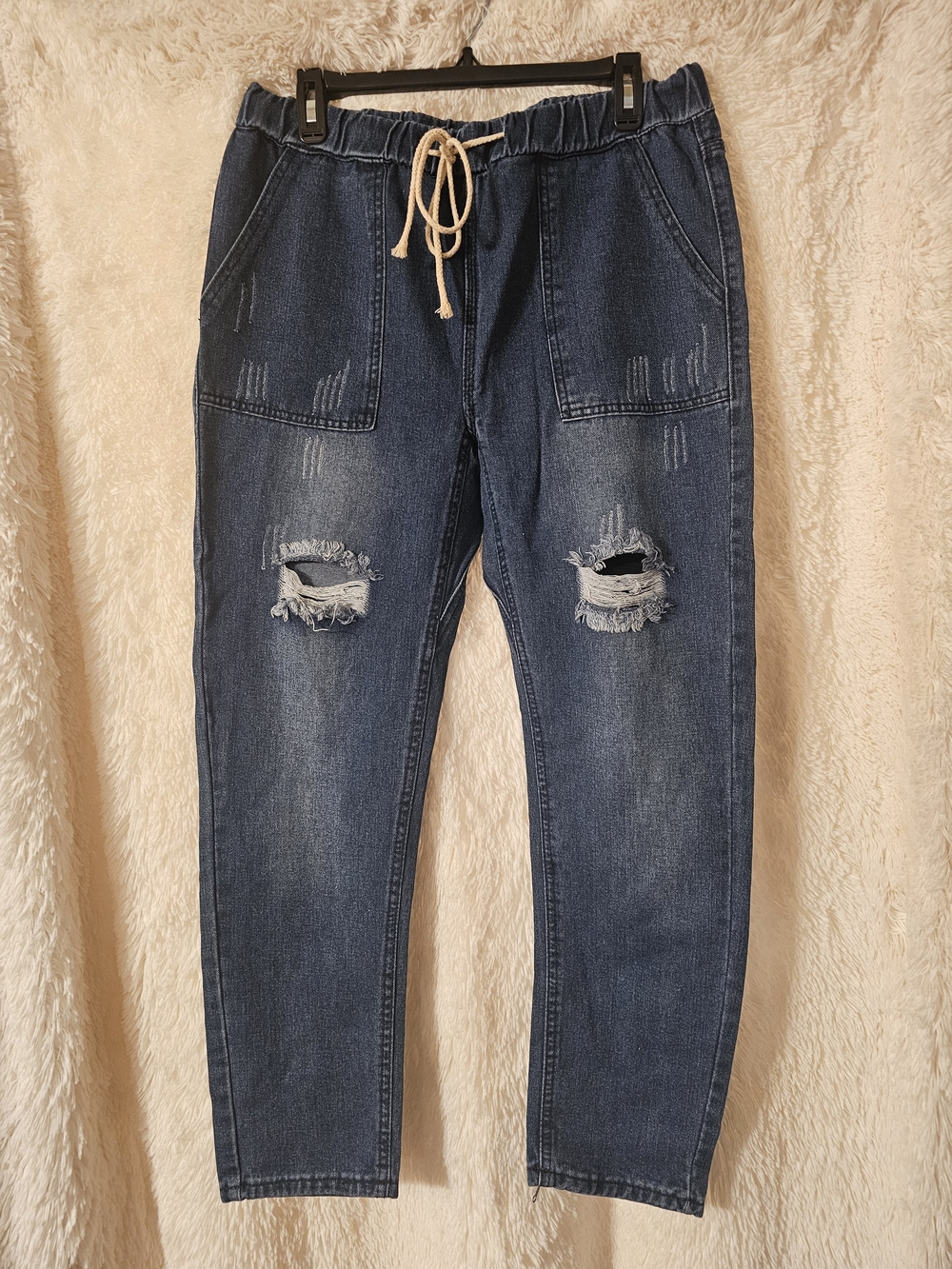 Women's Dark Blue Distressed Skinny Jeans with Drawstring Waist